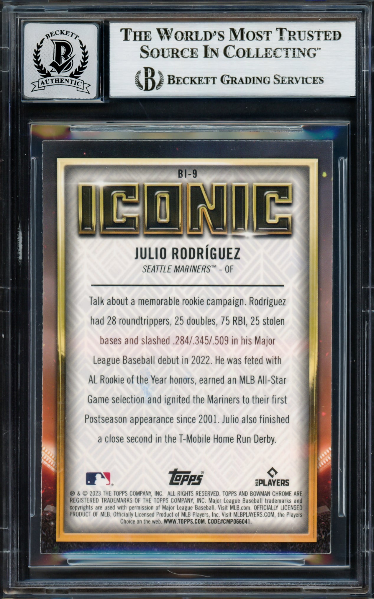 Julio Rodriguez Autographed 2023 Bowman Chrome Iconic Mojo Refractor Card #BI-9 Seattle Mariners Auto Grade Gem Mint 10 Beckett BAS #17037848