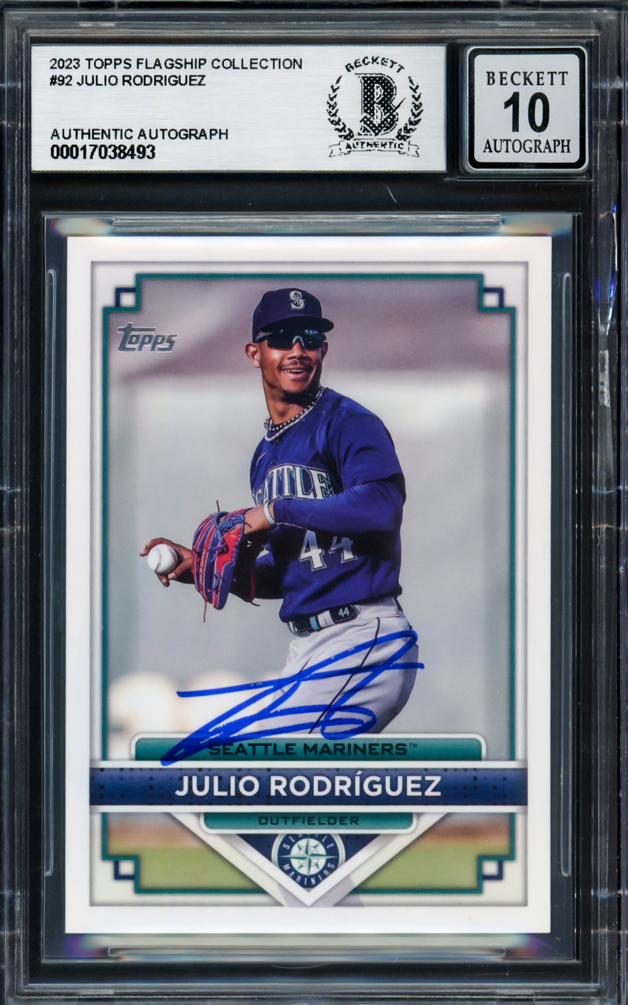 Julio Rodriguez Autographed 2023 Topps Flagship Collection Card #92 Seattle Mariners Auto Grade Gem Mint 10 Beckett BAS #17038493