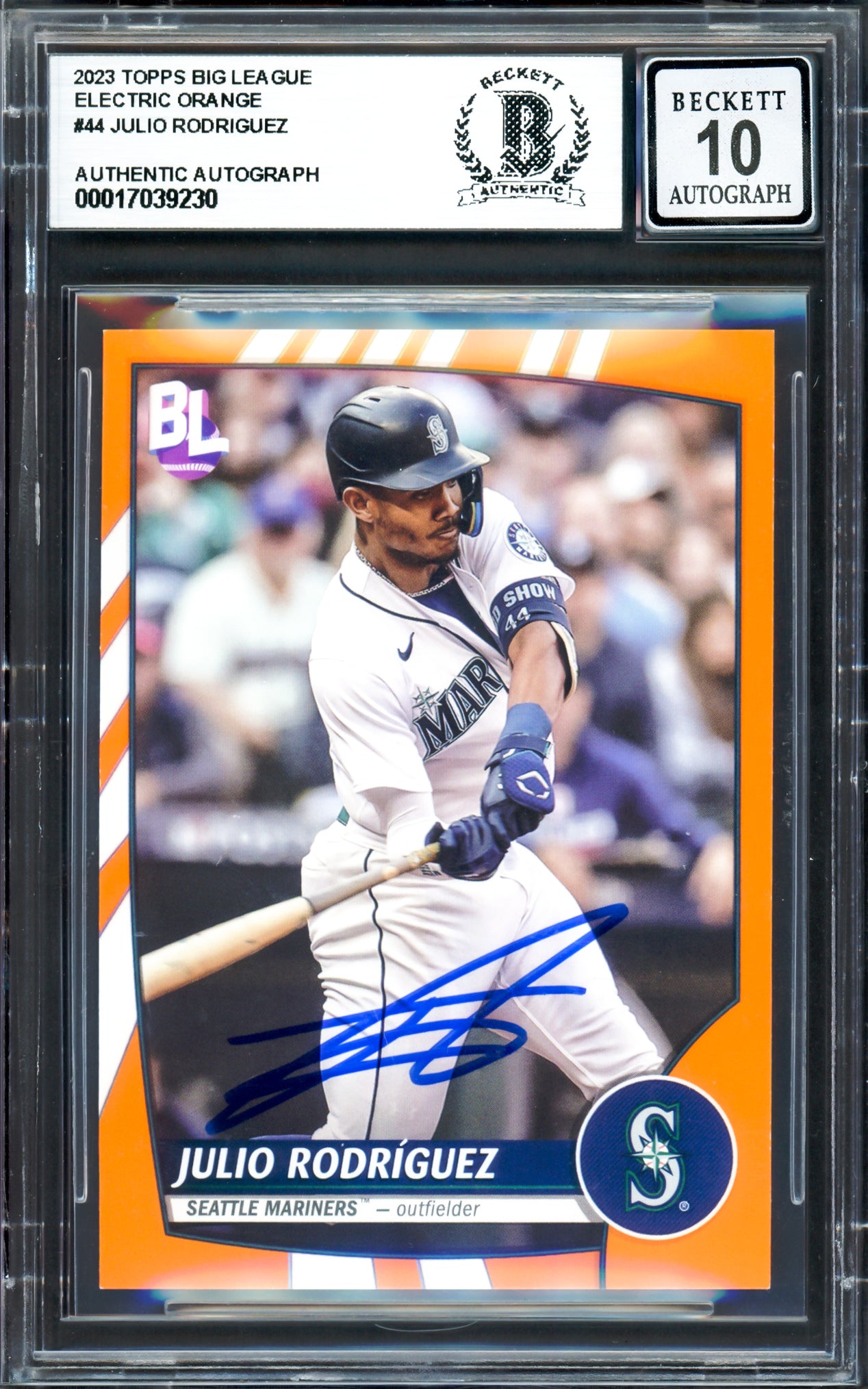 Julio Rodriguez Autographed 2023 Topps Big League Orange Card #44 Seattle Mariners Auto Grade Gem Mint 10 Beckett BAS #17039230