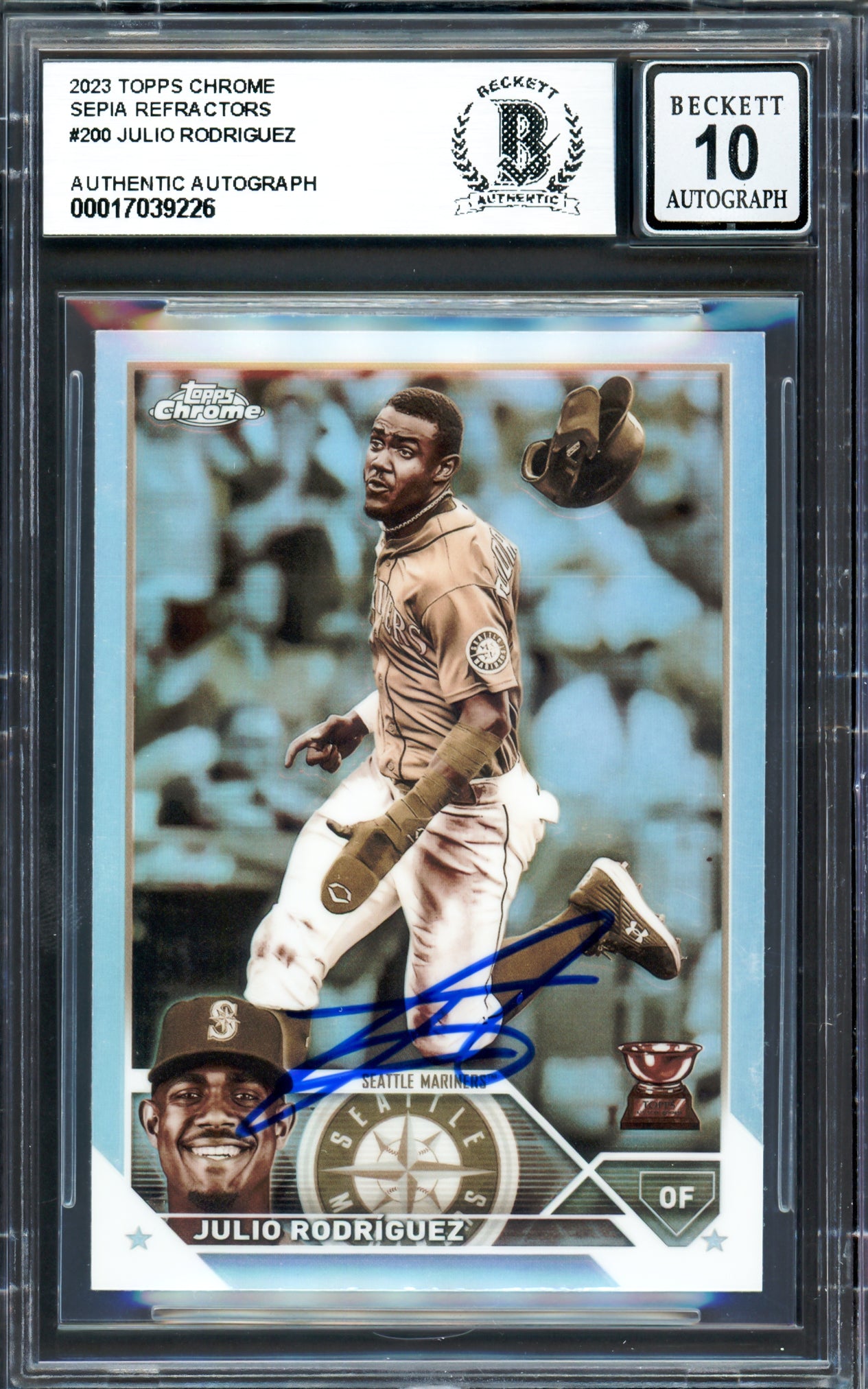 Julio Rodriguez Autographed 2023 Topps Chrome Sepia Refractor Card #200 Seattle Mariners Auto Grade Gem Mint 10 Beckett BAS #17039226