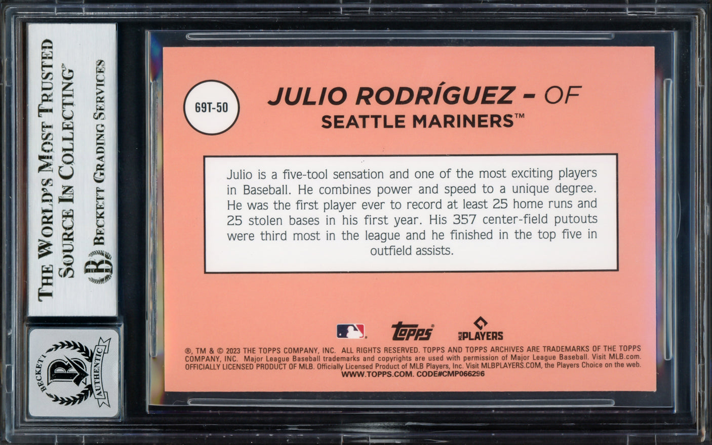 Julio Rodriguez Autographed 2023 Topps Archives 1969 Rainbow Foil Card #69T-50 Seattle Mariners Auto Grade Gem Mint 10 Beckett BAS #17039225