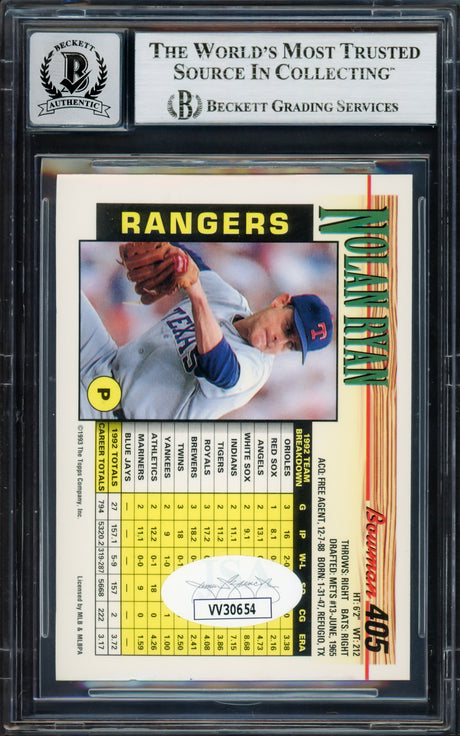 Nolan Ryan Autographed 1993 Bowman Card #405 Texas Rangers Auto Grade Gem Mint 10 #139/324 Beckett BAS #17039196