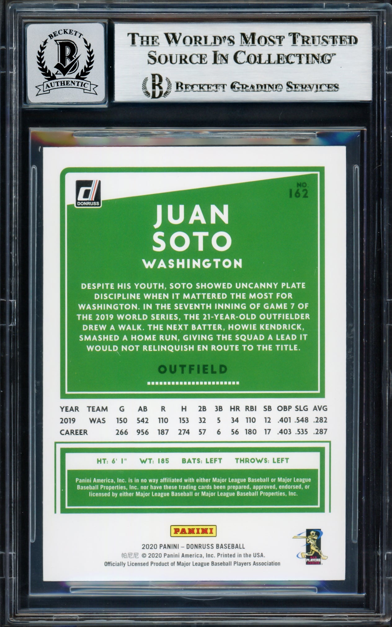 Juan Soto Autographed 2020 Donruss Holo Pink Card #162 New York Yankees Auto Grade Gem Mint 10 Beckett BAS #17039188