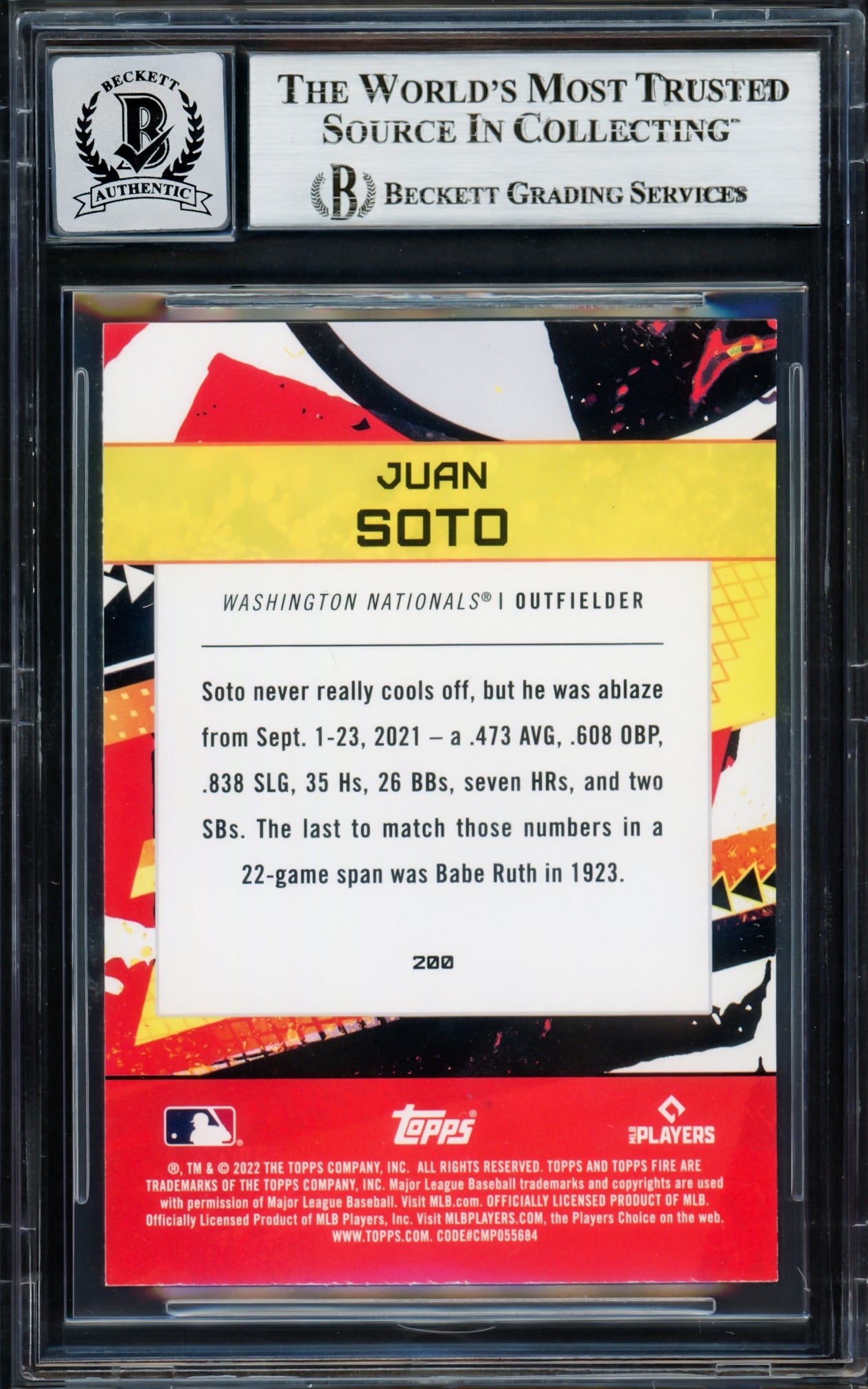 Juan Soto Autographed 2022 Topps Fire Card #200 New York Yankees Auto Grade Gem Mint 10 Beckett BAS #17039235