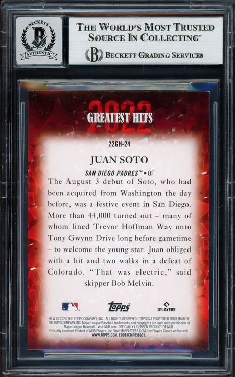 Juan Soto Autographed 2023 Topps Greatest Hits Card #22GH-24 New York Yankees Auto Grade Gem Mint 10 Beckett BAS #17039162