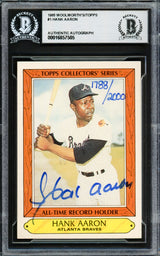 Hank Aaron Autographed 1985 Topps Woolworths Card #1 Atlanta Braves #1788/2000 Beckett BAS #16857505