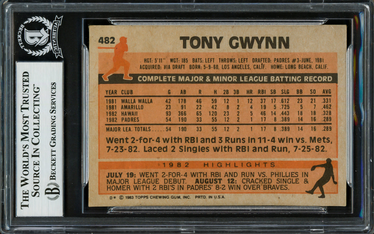 Tony Gwynn Autographed 1983 Topps Rookie Card #482 San Diego Padres Beckett BAS #16857533