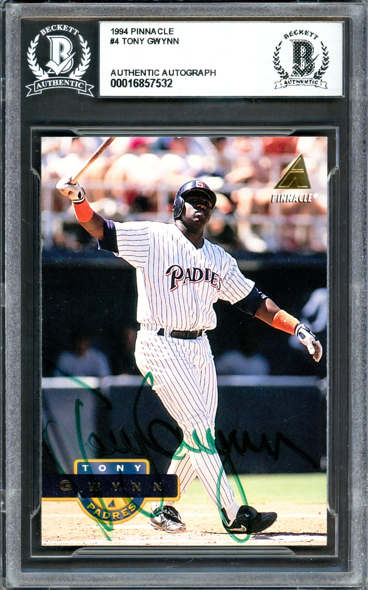 Tony Gwynn Autographed 1994 Pinnacle Card #4 San Diego Padres Beckett BAS #16857532