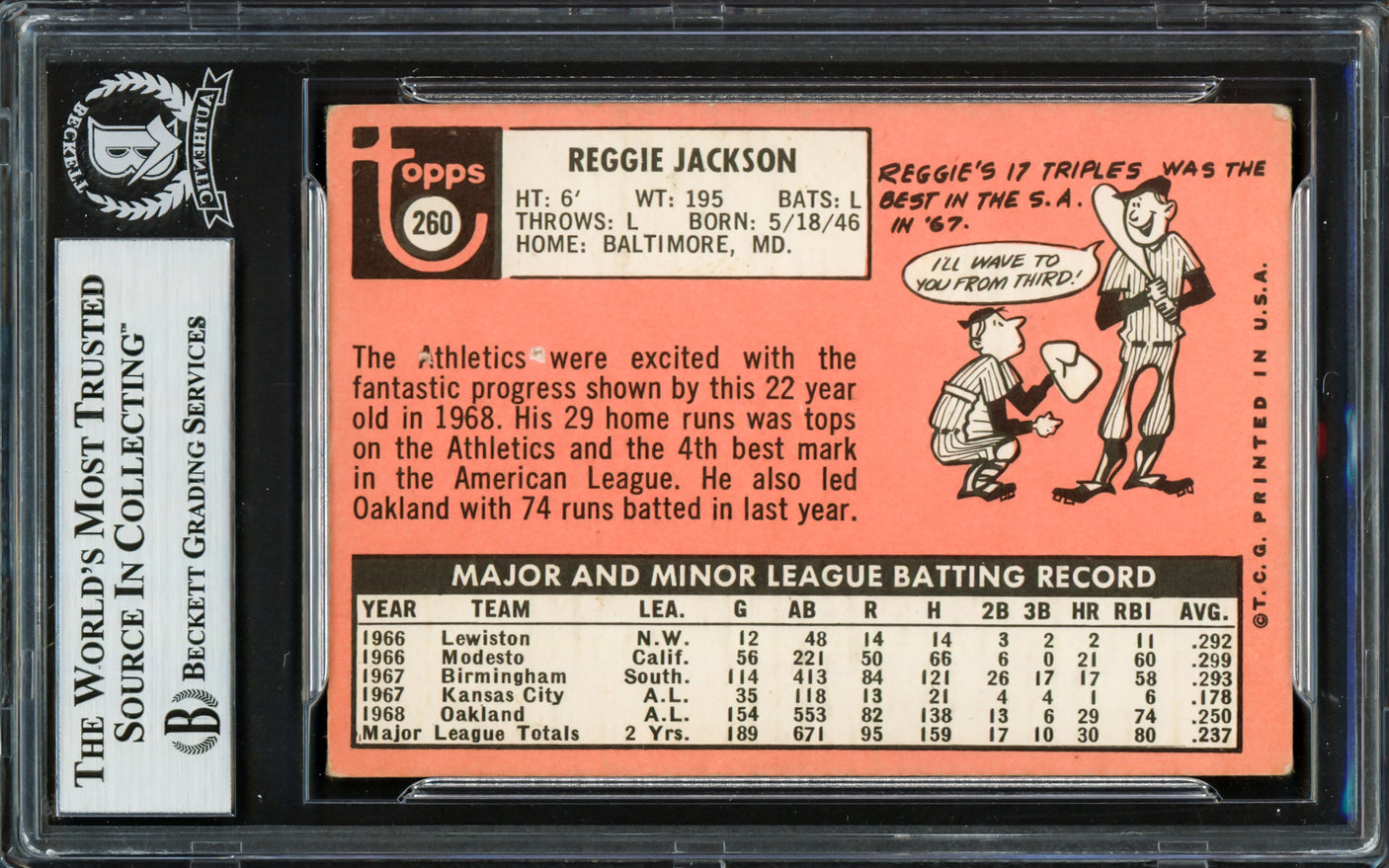 Reggie Jackson Autographed 1969 Topps Rookie Card #260 Oakland A's Vintage Rookie Signature Beckett BAS #16857535