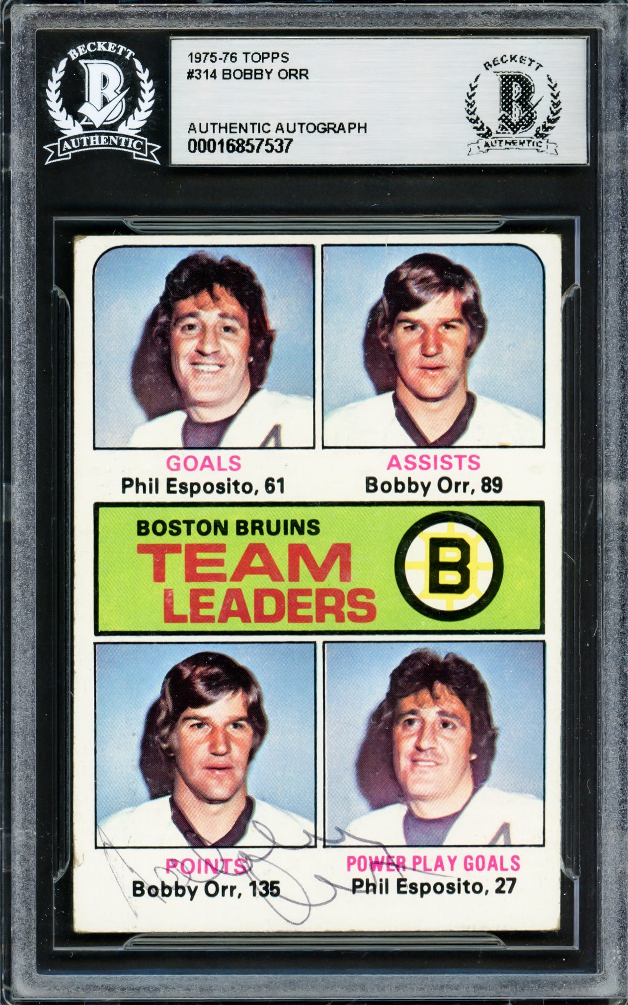 Bobby Orr Autographed 1975 Topps Card #314 Boston Bruins Beckett BAS #16857537