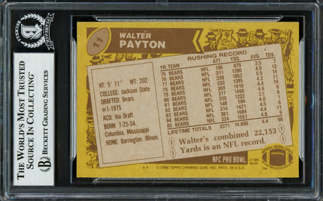 Walter Payton Autographed 1986 Topps Card #11 Chicago Bears Beckett BAS #16857540