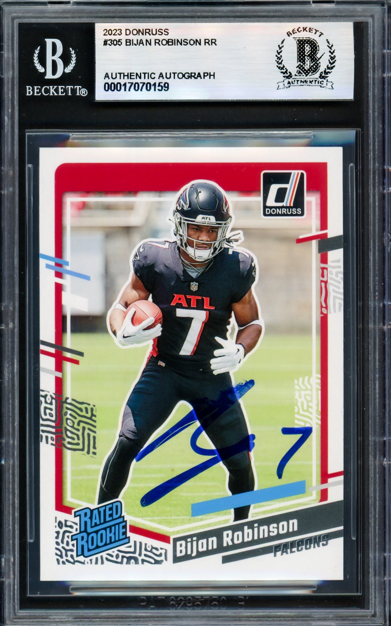 Bijan Robinson Autographed 2023 Donruss Rated Rookie Card #305 Atlanta Falcons Beckett BAS #17070159