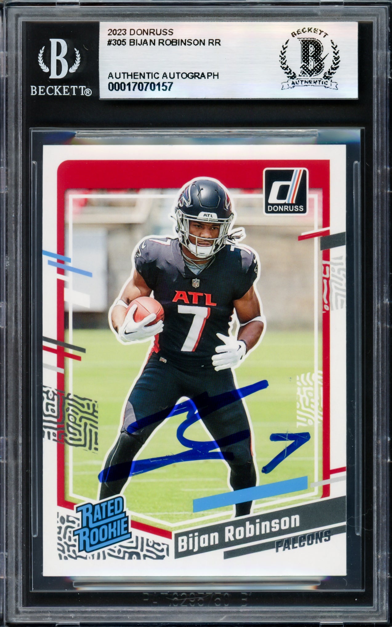 Bijan Robinson Autographed 2023 Donruss Rated Rookie Card #305 Atlanta Falcons Beckett BAS #17070157