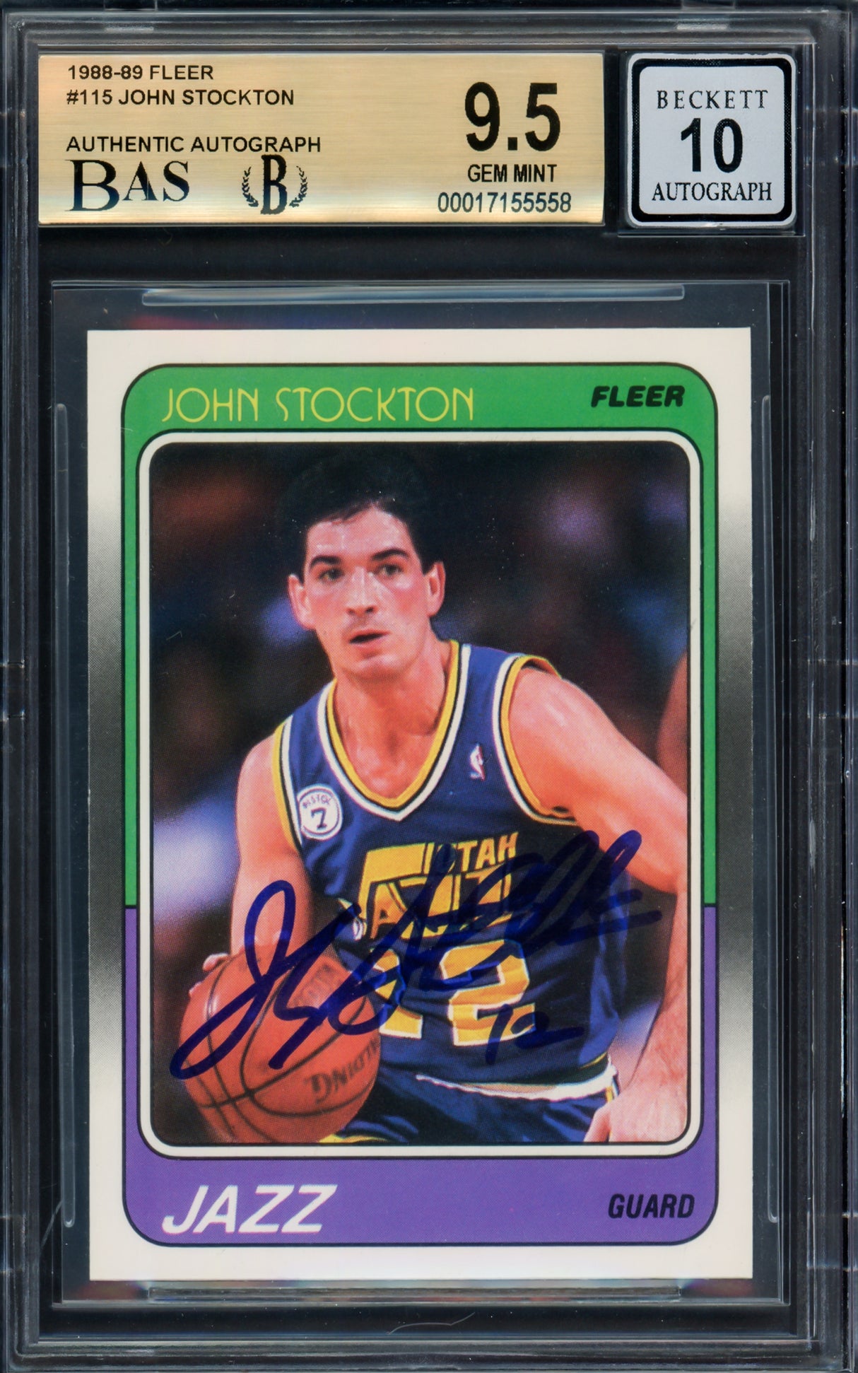 John Stockton Autographed 1988-89 Fleer Rookie Card #115 Utah Jazz BGS 9.5 Auto Grade Gem Mint 10 Beckett BAS #17155558