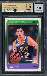 John Stockton Autographed 1988-89 Fleer Rookie Card #115 Utah Jazz BGS 9.5 Auto Grade Gem Mint 10 Beckett BAS #17155558