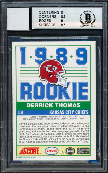 Derrick Thomas Autographed 1989 Score Rookie Card #258 Kansas City Chiefs BGS 8.5 Auto Grade Gem Mint 10 Beckett BAS #10712441