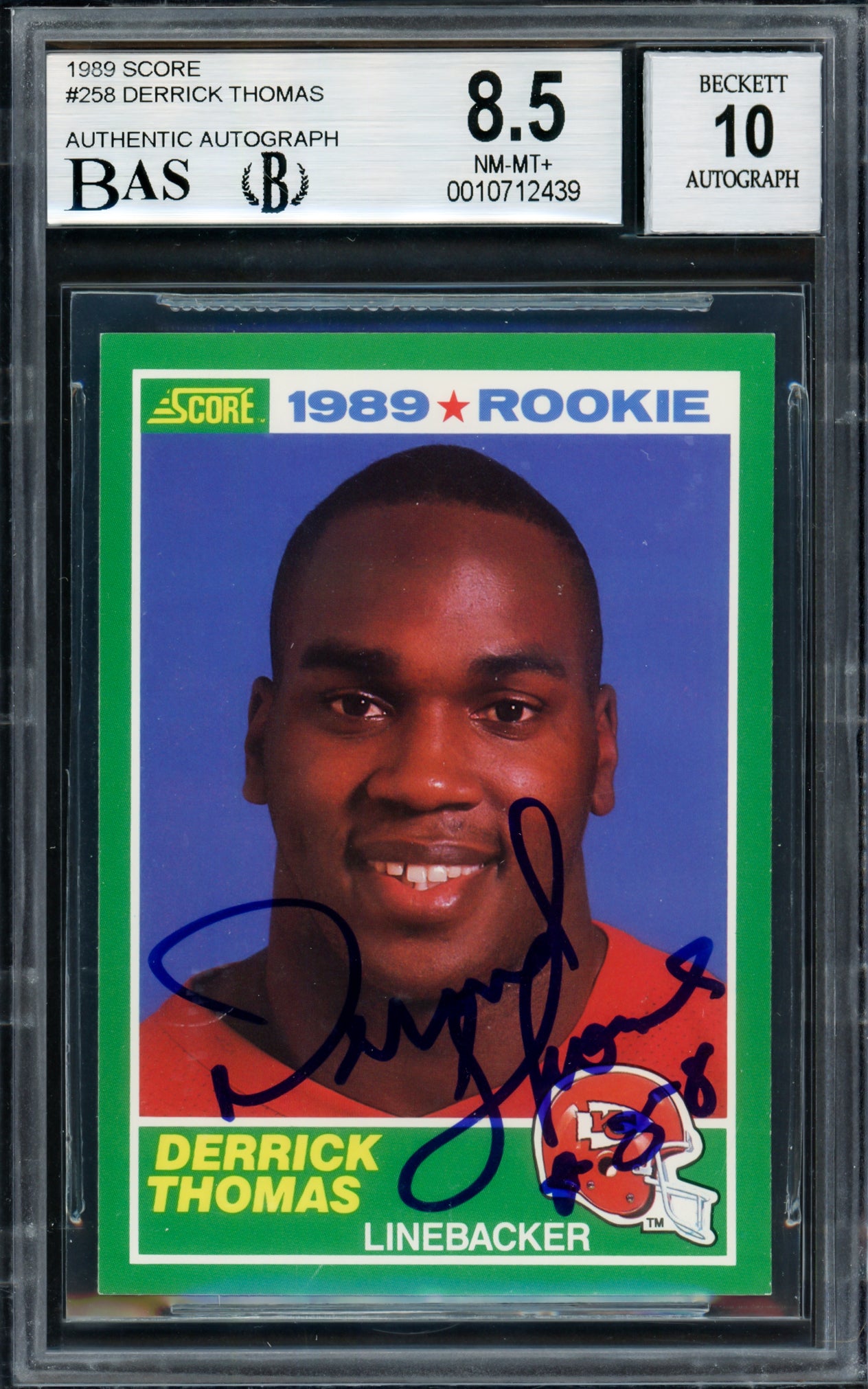 Derrick Thomas Autographed 1989 Score Rookie Card #258 Kansas City Chiefs BGS 8.5 Auto Grade Gem Mint 10 Beckett BAS #10712439