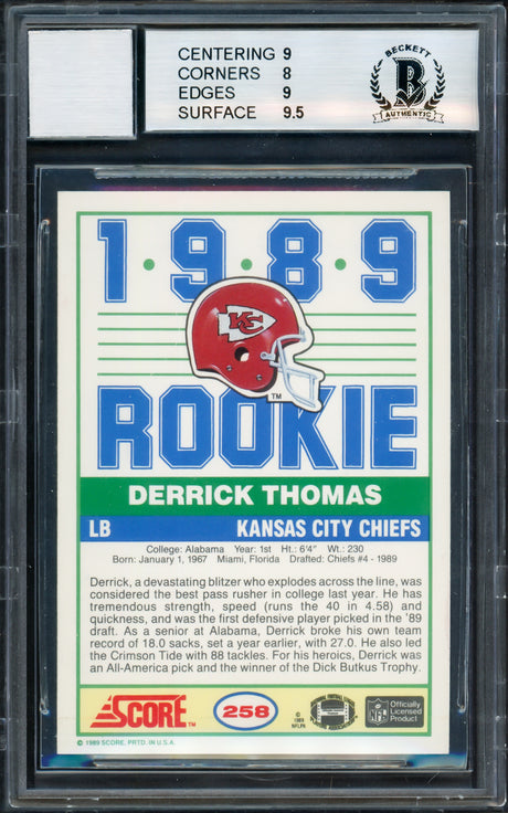 Derrick Thomas Autographed 1989 Score Rookie Card #258 Kansas City Chiefs BGS 8.5 Auto Grade Gem Mint 10 Beckett BAS #10712439