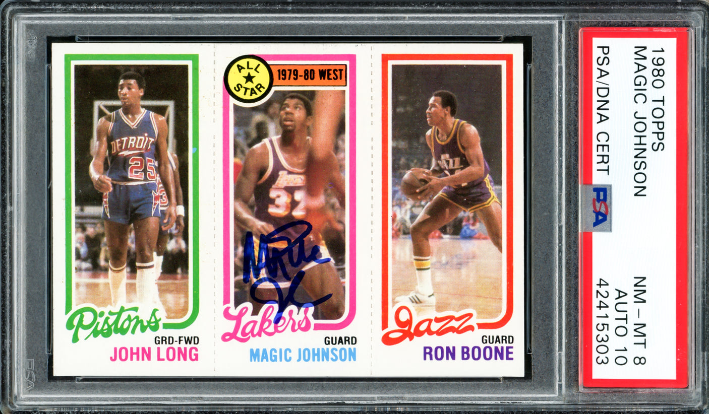 Magic Johnson Autographed 1980 Topps Rookie Card #18 Los Angeles Lakers PSA 8 Auto Grade Gem Mint 10 PSA/DNA #42415303