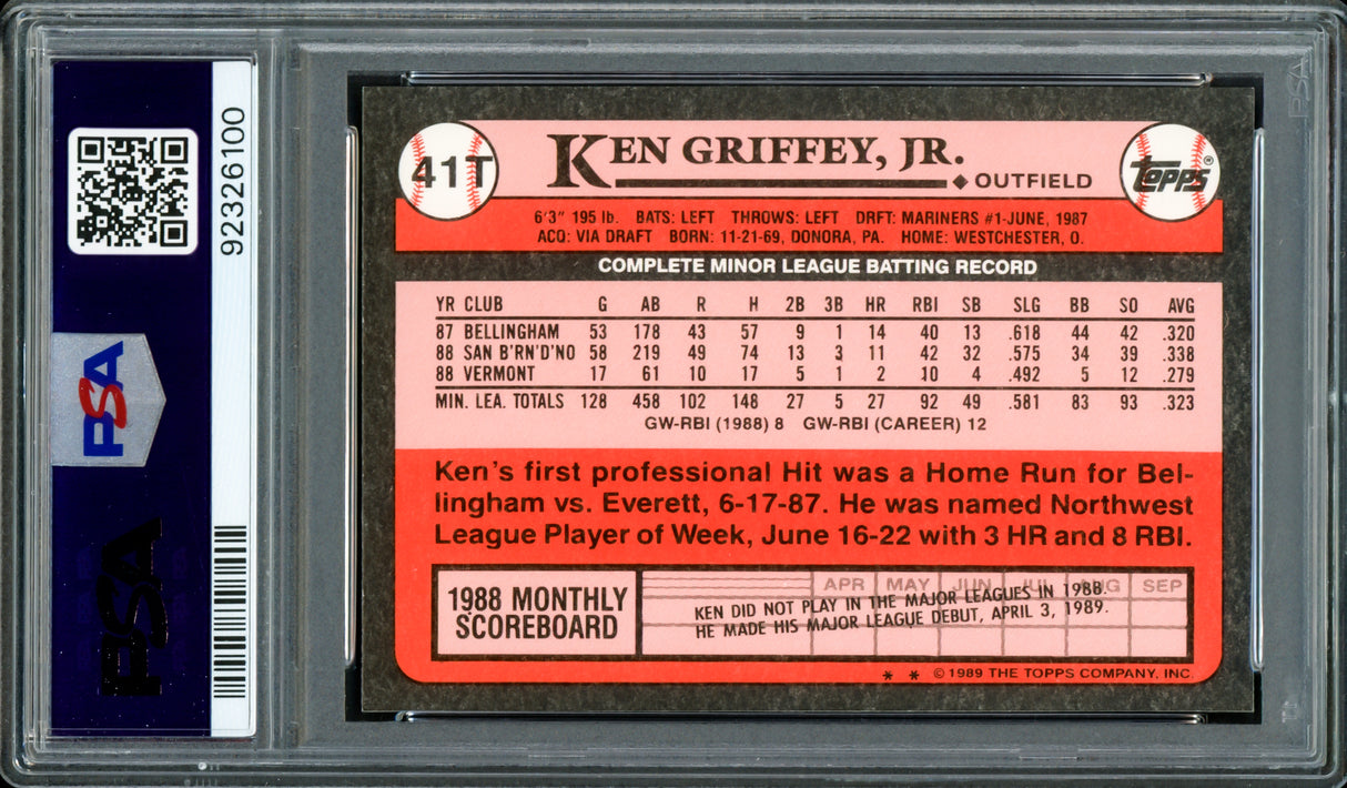 Ken Griffey Jr. Autographed 1989 Topps Traded Tiffany Rookie Card #41T Seattle Mariners PSA 9 Auto Grade Gem Mint 10 PSA/DNA #92326100