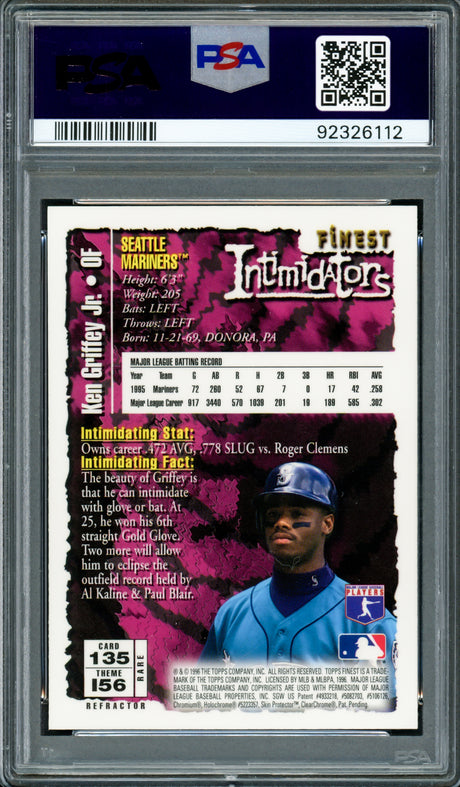 Ken Griffey Jr. Autographed 1996 Topps Finest Gold Refractor Card #135 Seattle Mariners PSA 9 Auto Grade Gem Mint 10 Highest Graded PSA/DNA #92326112