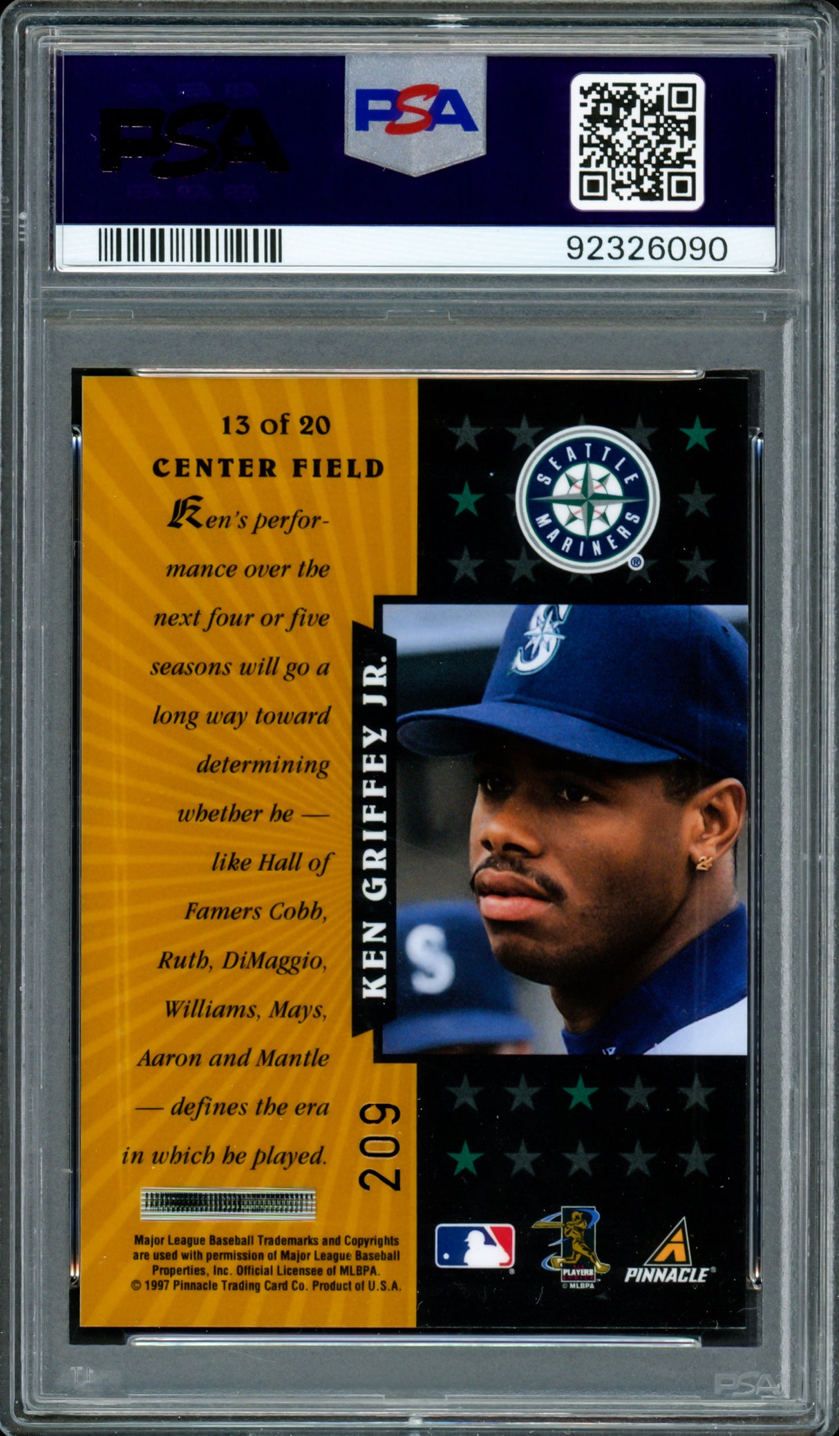 Ken Griffey Jr. Autographed 1997 Pinnacle Certified Gold Team Card #13 Seattle Mariners PSA 6 Auto Grade Gem Mint 10 PSA/DNA #92326090