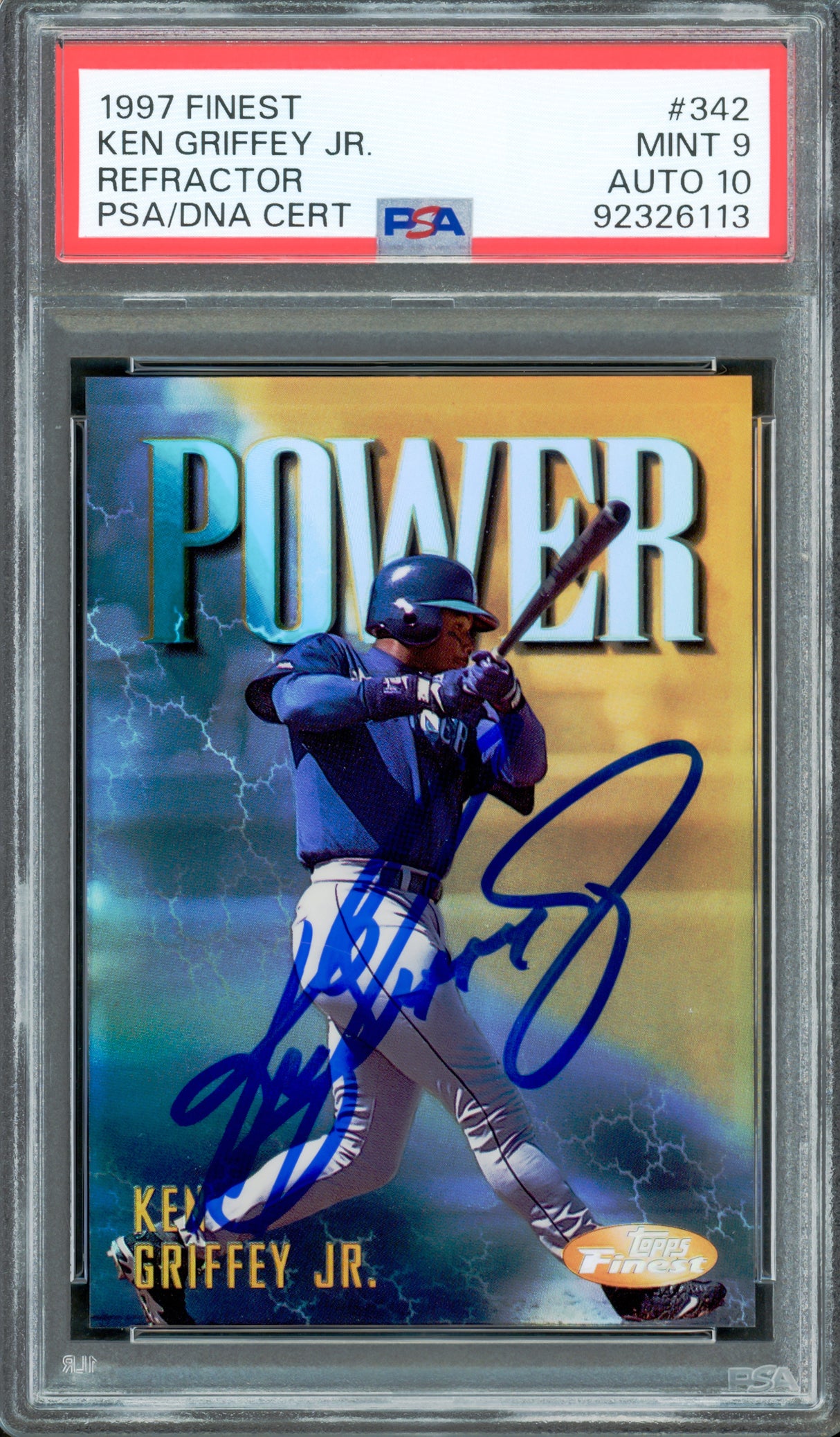 Ken Griffey Jr. Autographed 1997 Topps Finest Refractor Card #342 Seattle Mariners PSA 9 Auto Grade Gem Mint 10 Highest Graded PSA/DNA #92326113