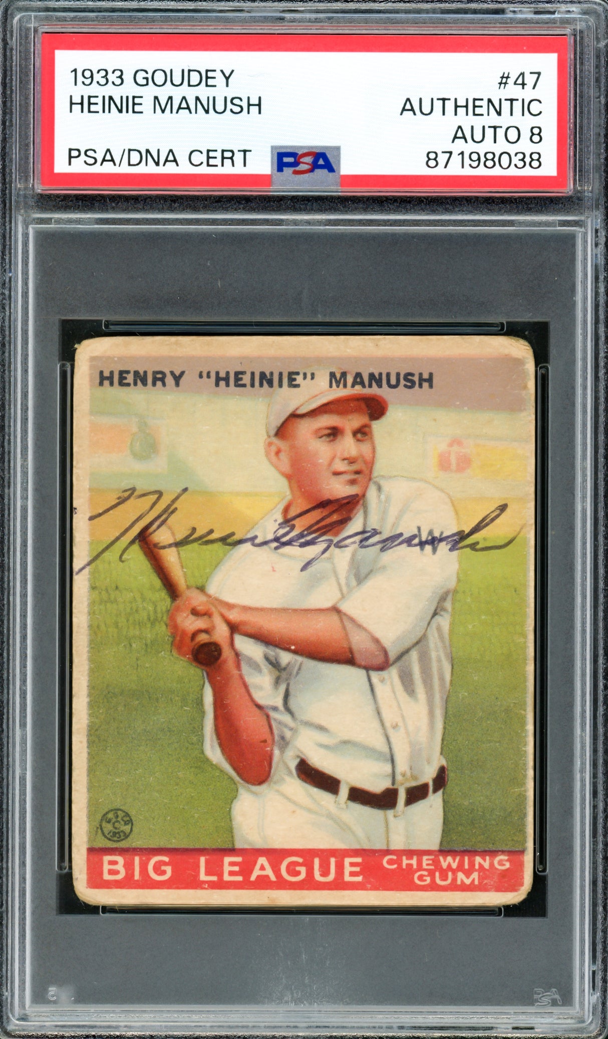 Heinie Manush Autographed 1933 Goudey Rookie Card #47 Washington Senators Auto Grade Near Mint/Mint 8 PSA/DNA #87198038