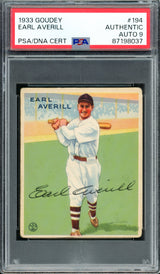 Earl Averill Autographed 1933 Goudey Rookie Card #194 Cleveland Indians Auto Grade Mint 9 PSA/DNA #87198037