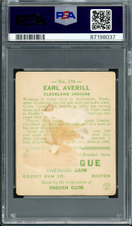 Earl Averill Autographed 1933 Goudey Rookie Card #194 Cleveland Indians Auto Grade Mint 9 PSA/DNA #87198037