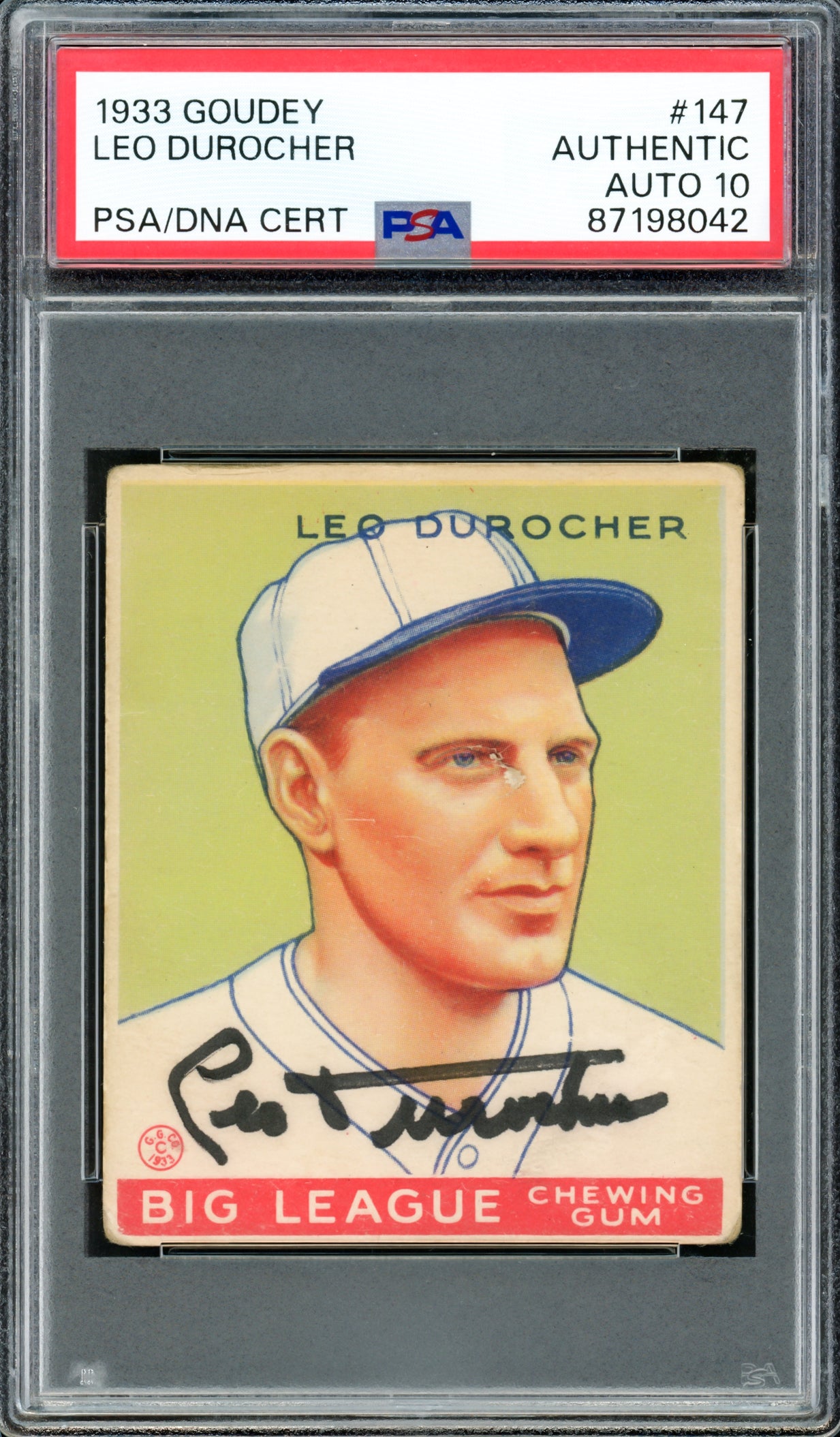 Leo Durocher Autographed 1933 Goudey Rookie Card #147 St. Louis Cardinals Auto Grade Gem Mint 10 PSA/DNA #87198042