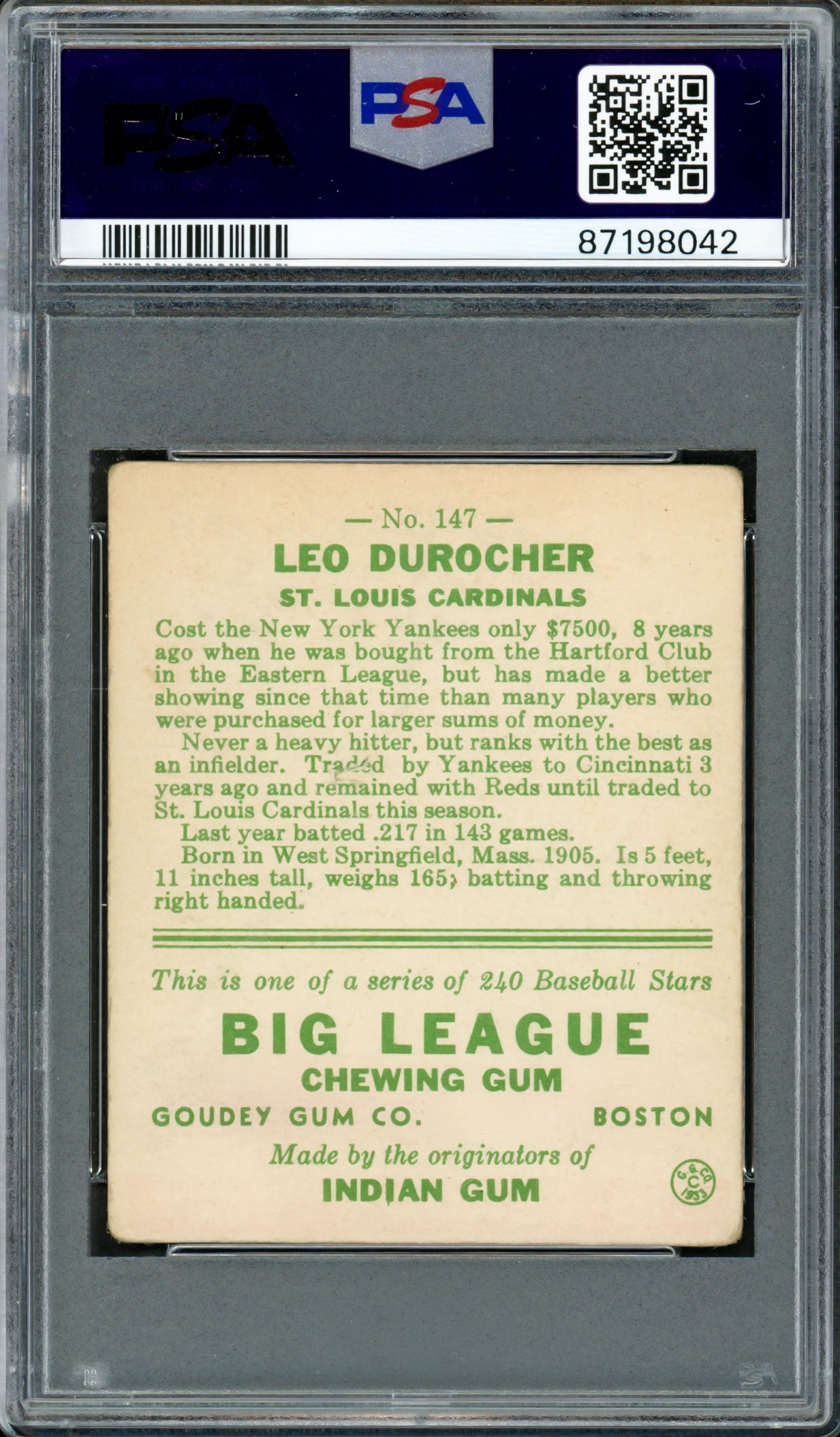 Leo Durocher Autographed 1933 Goudey Rookie Card #147 St. Louis Cardinals Auto Grade Gem Mint 10 PSA/DNA #87198042