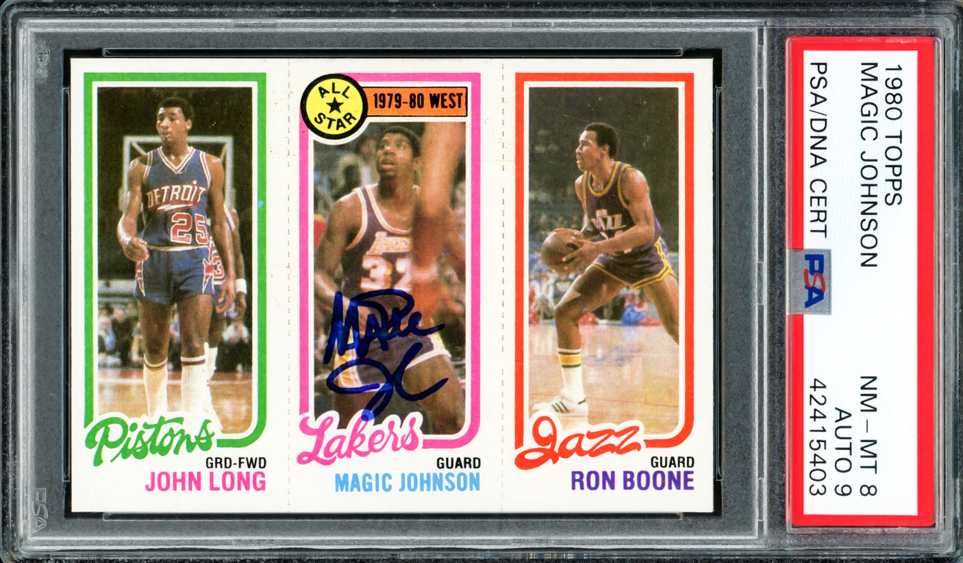 Magic Johnson Autographed 1980 Topps Rookie Card #18 Los Angeles Lakers PSA 8 Auto Grade Mint 9 PSA/DNA #42415403