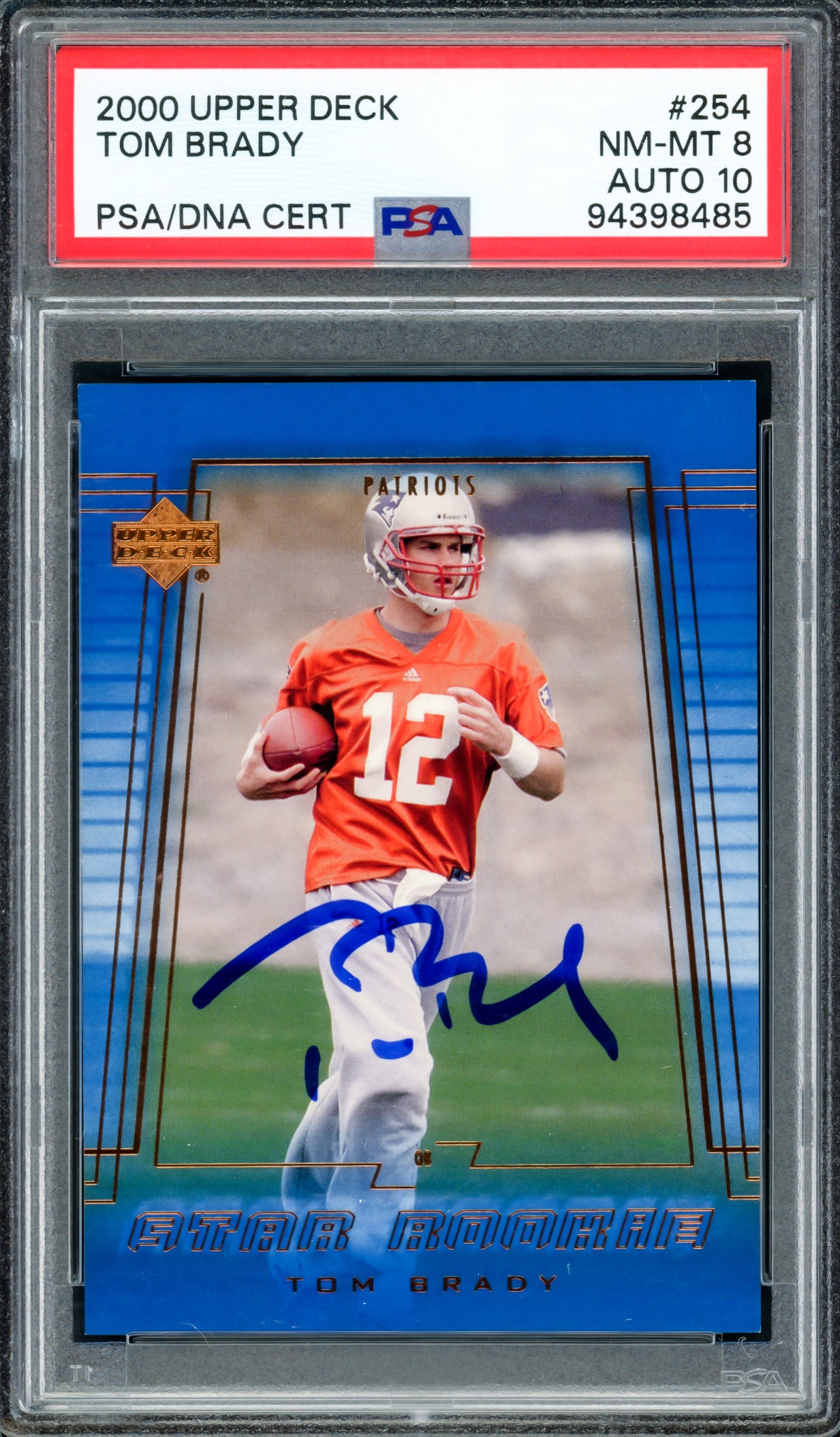 Tom Brady Autographed 2000 Upper Deck Rookie Card #254 New England Patriots PSA 8 Auto Grade Gem Mint 10 PSA/DNA #94398485