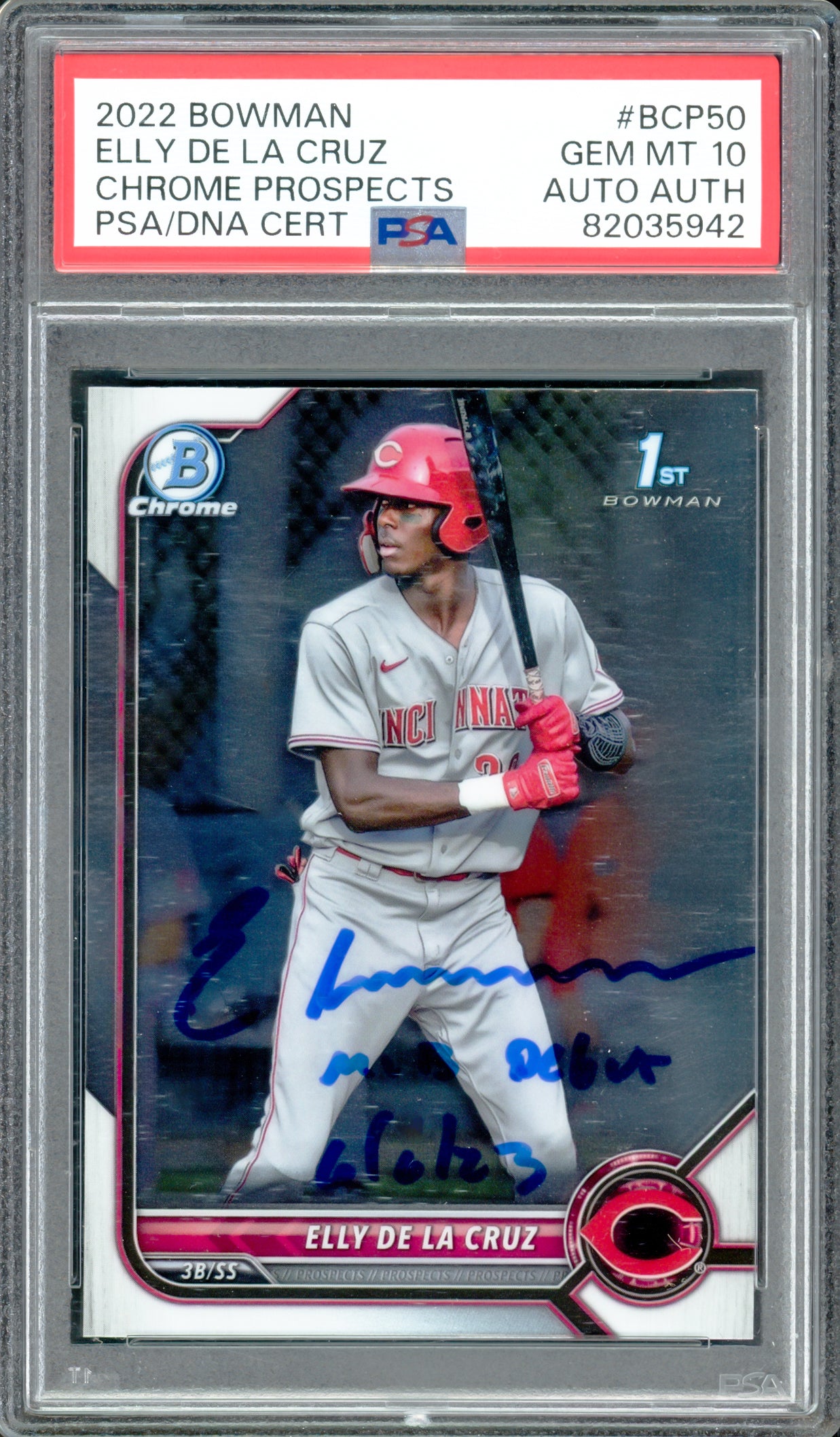 Elly De La Cruz Autographed 2022 Bowman Rookie Card #BCP50 Cincinnati Reds PSA 10 "MLB Debut 6/6/23" PSA/DNA #82035942