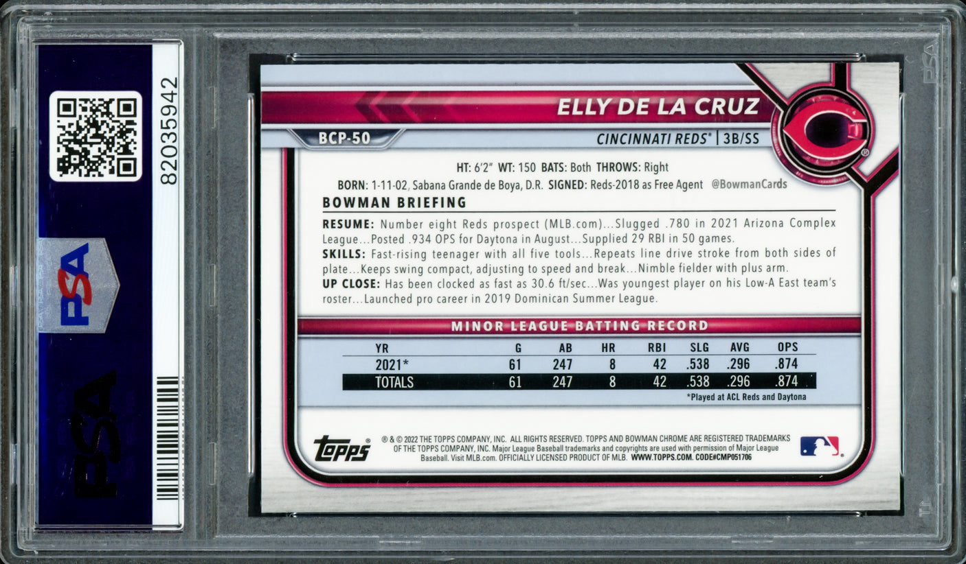 Elly De La Cruz Autographed 2022 Bowman Rookie Card #BCP50 Cincinnati Reds PSA 10 "MLB Debut 6/6/23" PSA/DNA #82035942