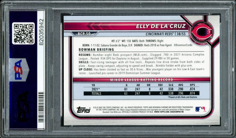 Elly De La Cruz Autographed 2022 Bowman Rookie Card #BCP50 Cincinnati Reds PSA 10 "MLB Debut 6/6/23" PSA/DNA #82035942