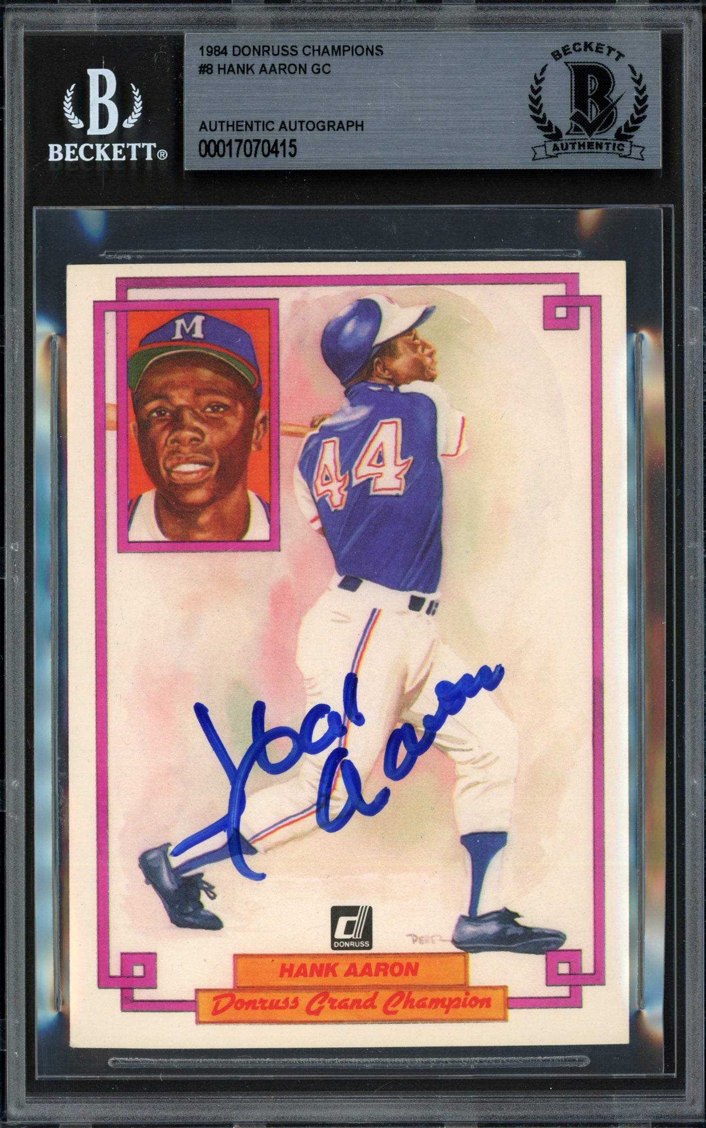 Hank Aaron Autographed 1984 Donruss Grand Champions Card #8 Atlanta Braves Beckett BAS #17070415