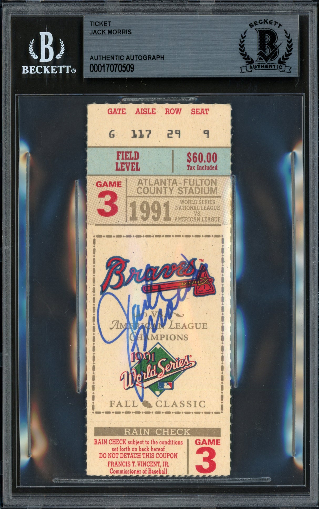 Jack Morris Autographed 1991 World Series Game 3 Ticket Minnesota Twins Beckett BAS #17070509