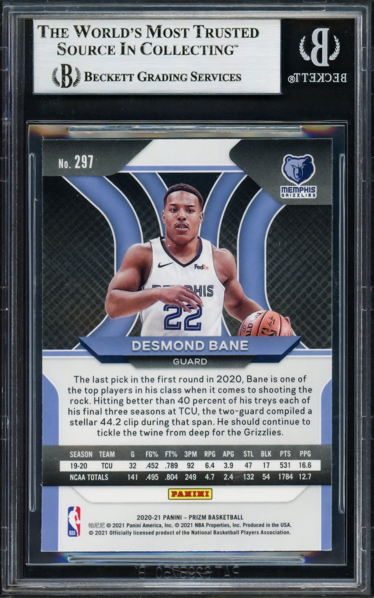 Desmond Bane Autographed 2020-21 Panini Prizm Rookie Card #297 Card Memphis Grizzlies Beckett BAS Stock #235036