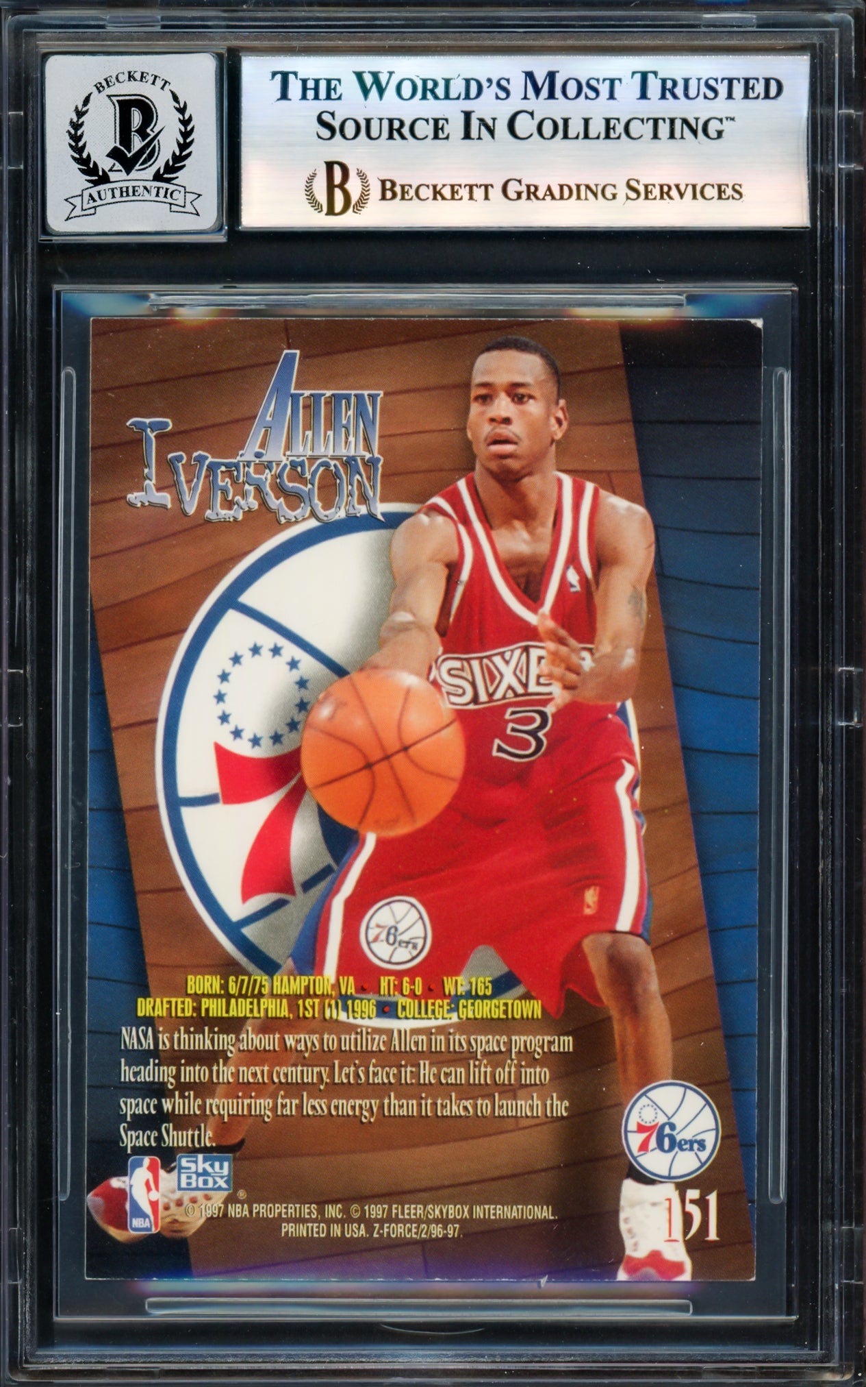 Allen Iverson Autographed 1996-97 Z-Force Rookie Card #151 Card Philadelphia 76ers Auto Grade Gem Mint 10 Beckett BAS Witness Stock #235045