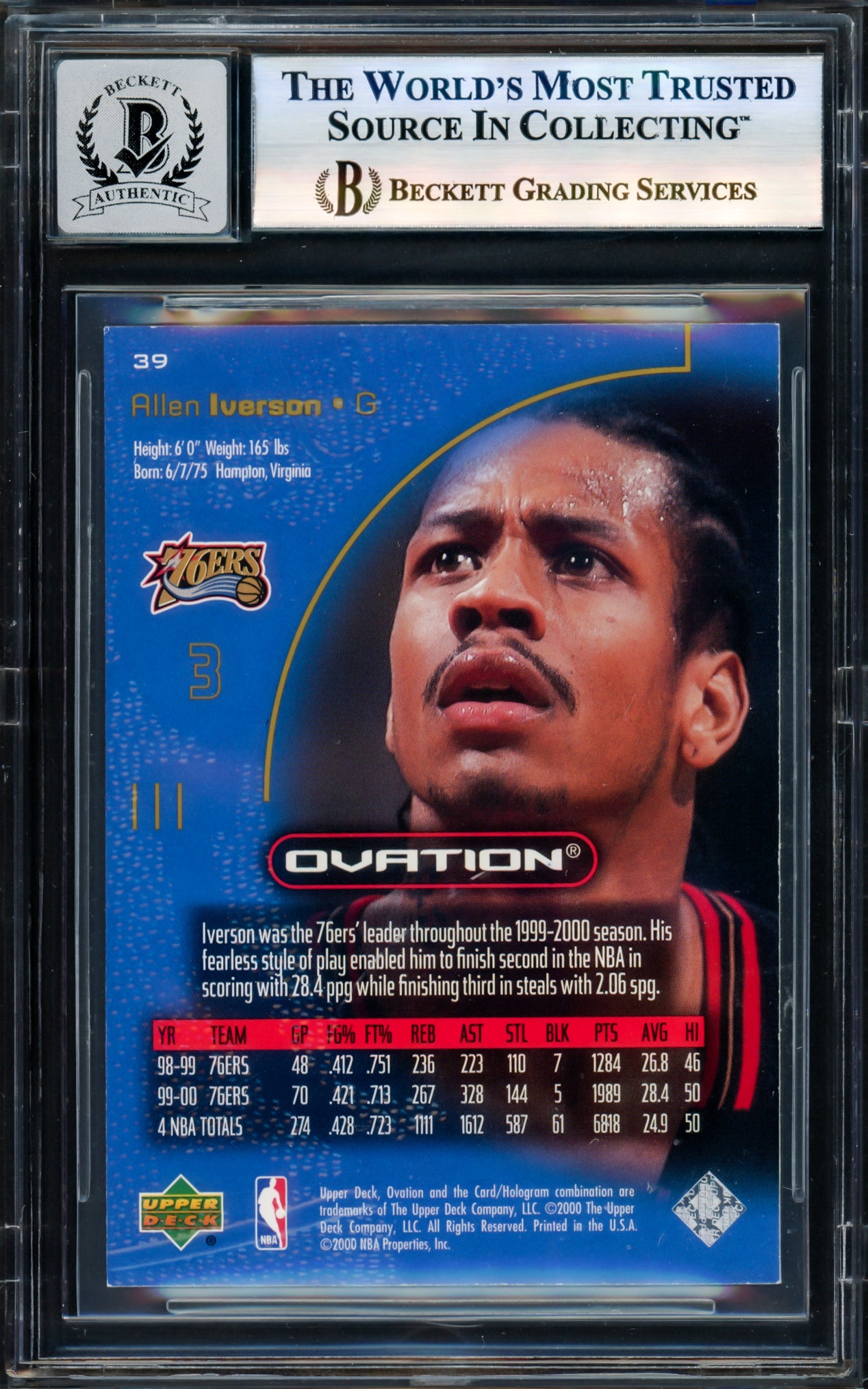 Allen Iverson Autographed 2000-01 Upper Deck Ovation Card #39 Card Philadelphia 76ers Auto Grade Gem Mint 10 Beckett BAS Witness Stock #235056