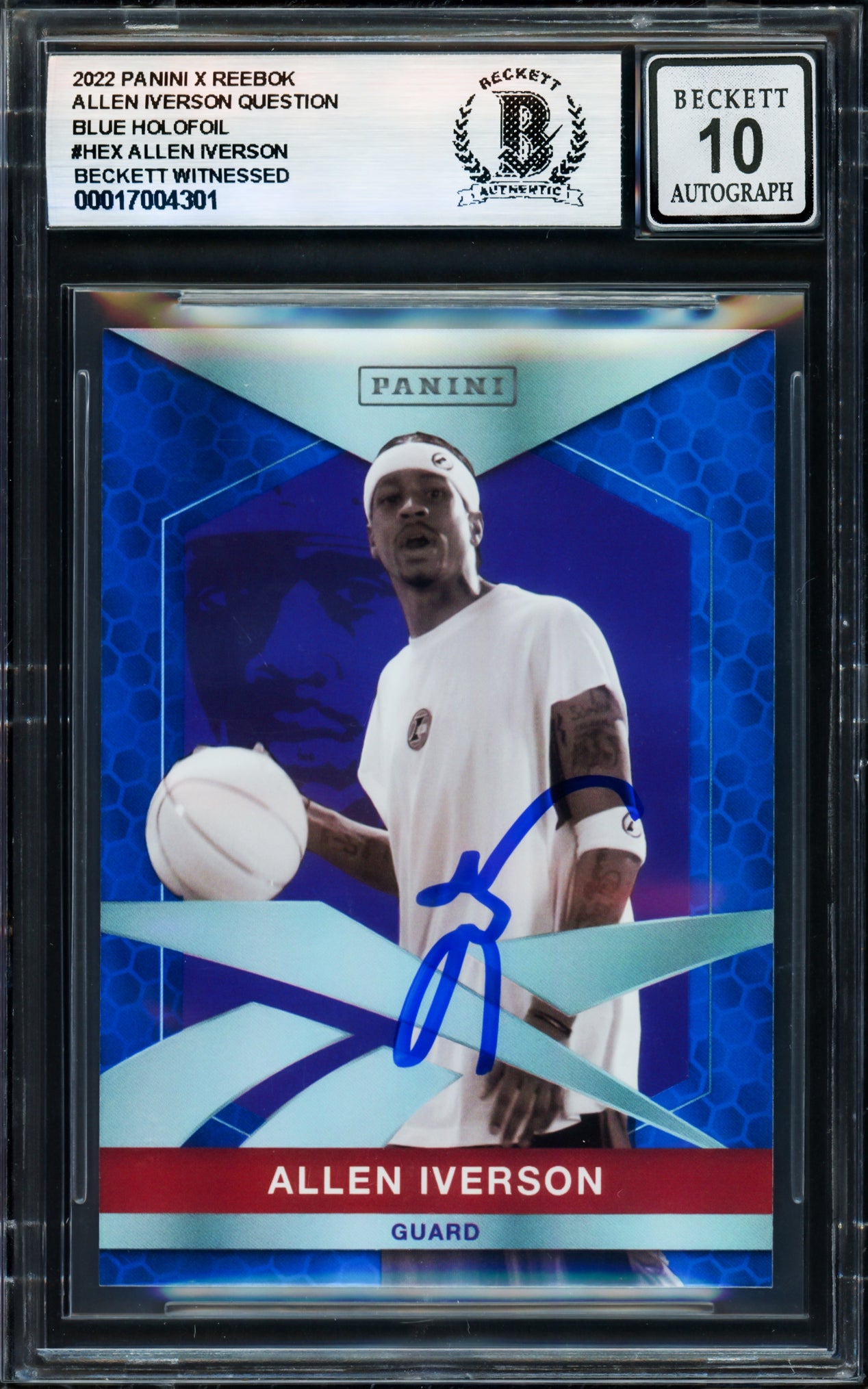 Allen Iverson Autographed 2022 Panini X Reebok Blue Holofoil Card #HEX Card Philadelphia 76ers Auto Grade Gem Mint 10 Beckett BAS Witness Stock #235060