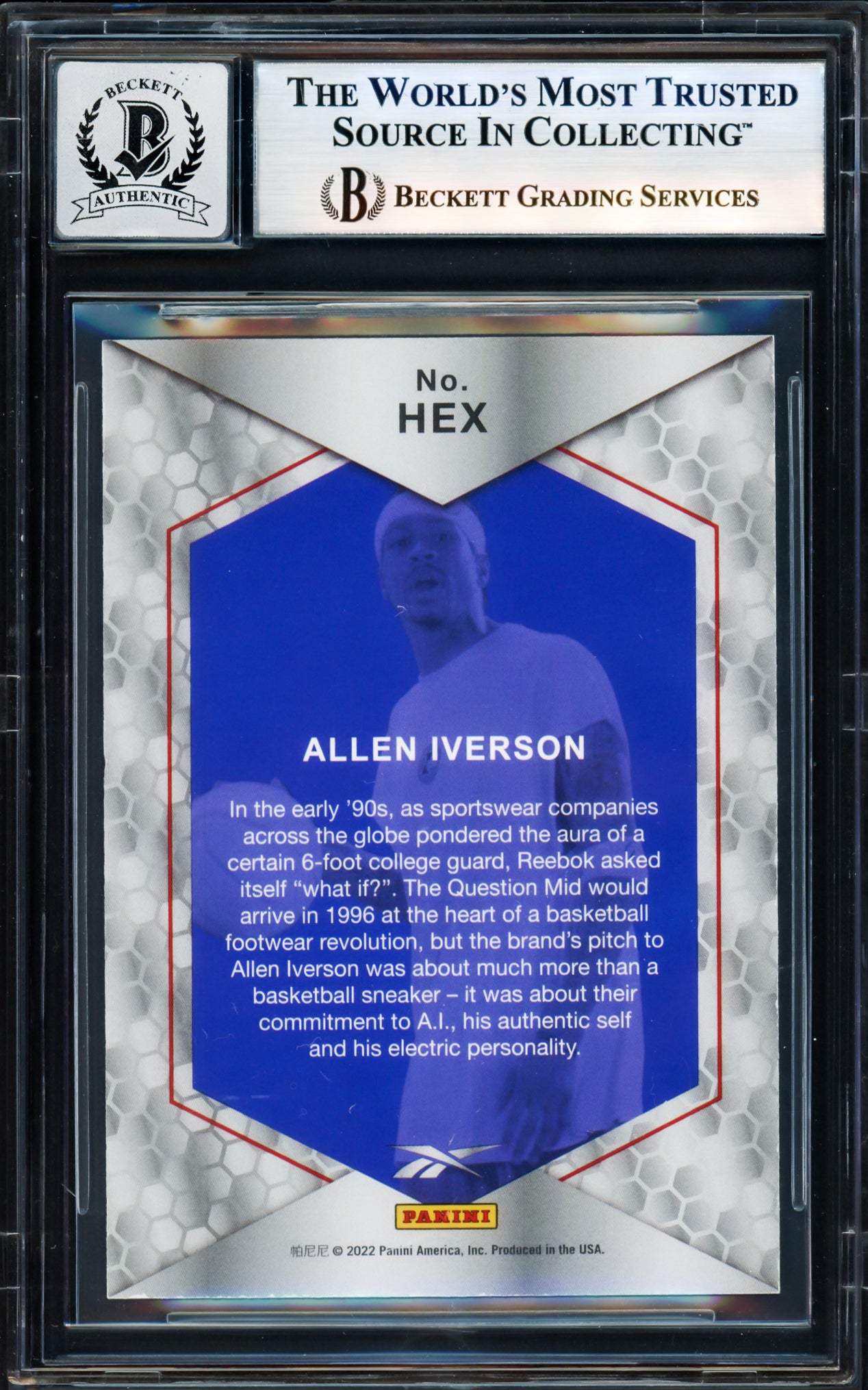 Allen Iverson Autographed 2022 Panini X Reebok Blue Holofoil Card #HEX Card Philadelphia 76ers Auto Grade Gem Mint 10 Beckett BAS Witness Stock #235060