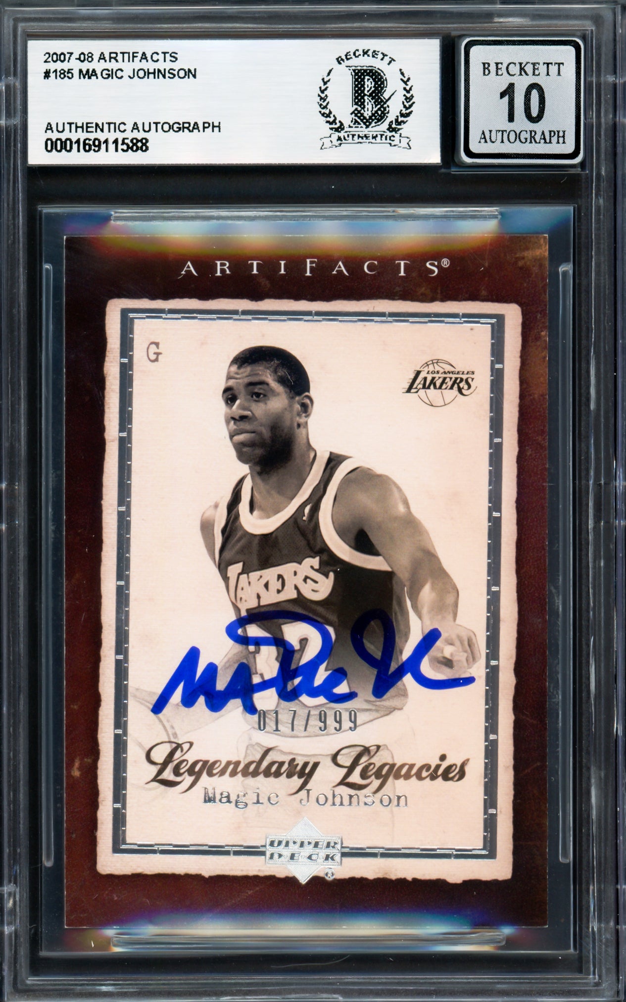 Magic Johnson Autographed 2007-08 Artifacts Card #185 Card Los Angeles Lakers Auto Grade Gem Mint 10 Beckett BAS Stock #235065