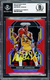 Magic Johnson Autographed 2021-22 Panini Prizm Prizms Red Card #248 Card Los Angeles Lakers #/299 Beckett BAS Stock #235066