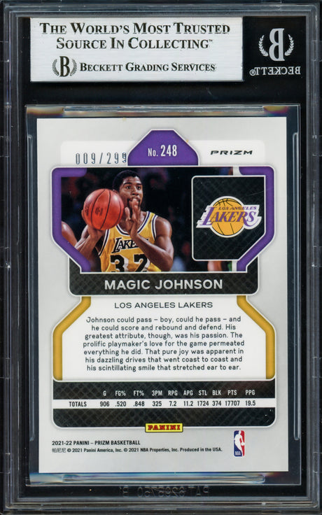 Magic Johnson Autographed 2021-22 Panini Prizm Prizms Red Card #248 Card Los Angeles Lakers #/299 Beckett BAS Stock #235066