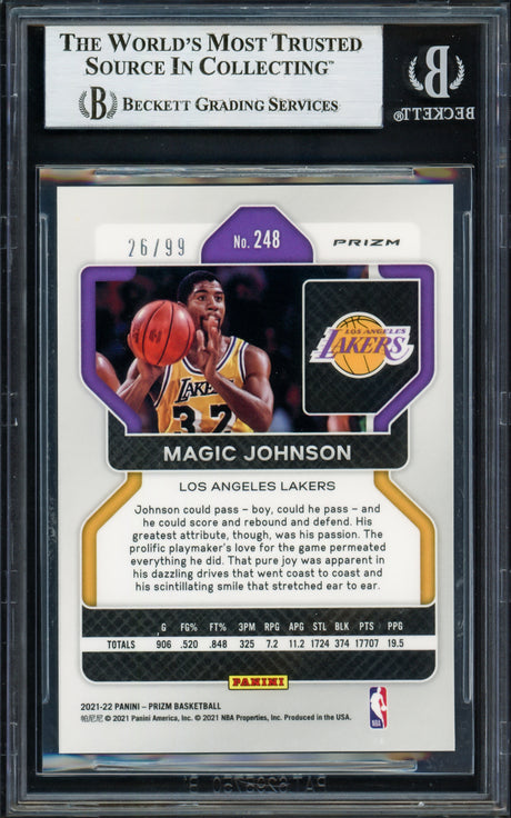 Magic Johnson Autographed 2021-22 Panini Prizm Prizms Purple Card #248 Card Los Angeles Lakers #/99 Beckett BAS Stock #235067