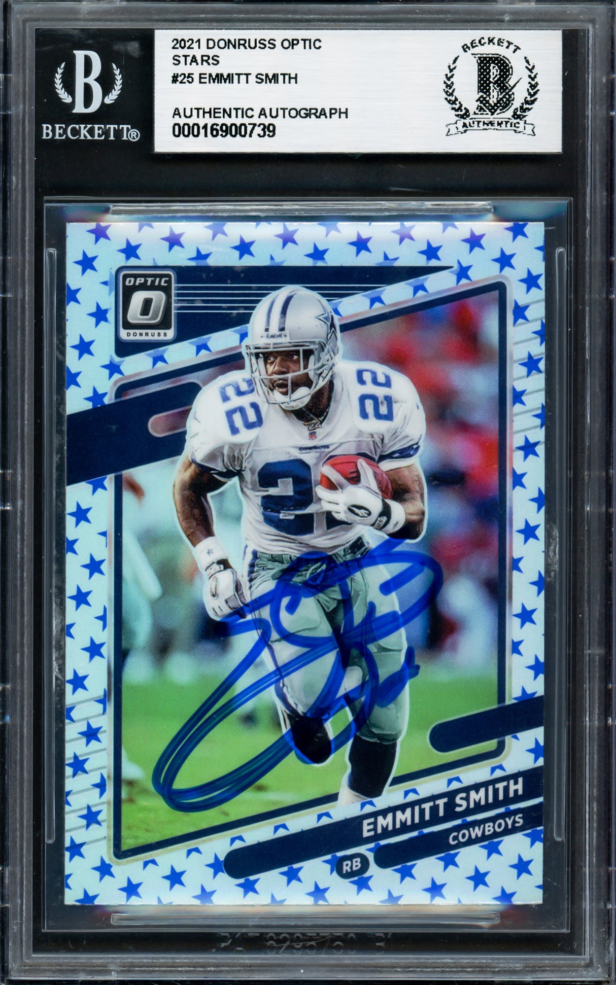 Emmitt Smith Autographed 2021 Donruss Optic Stars Card #25 Card Dallas Cowboys Auto Grade Gem Mint 10 Beckett BAS Stock #235072