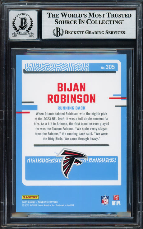 Bijan Robinson Autographed 2023 Donruss Rated Rookie Card #305 Atlanta Falcons Auto Grade Gem Mint 10 Beckett BAS Stock #235098